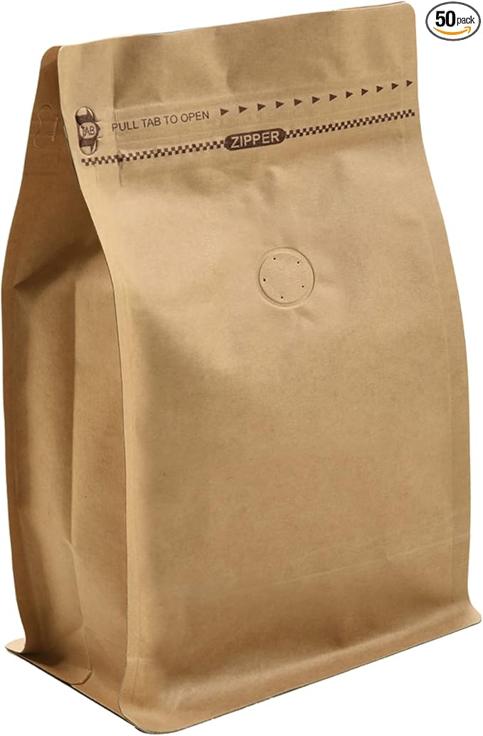 50 Pieces 8 Ounce Kraft Paper Stand Up Coffee Bag/Flat Bottom Pouch with Air Release Valve and Reusable Side Zipper. (50pcs, ½lb/8oz)