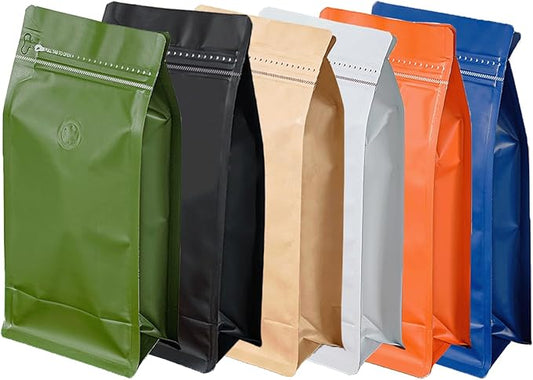 50 Pcs 0.5lb Green Long Coffee Bean Bags with Valve, Easy Tear Open & Repeating Sealed Zipper, Heat-Seal Stand Up & Flat Bottom Coffee Bag, 8oz Capacity 5.1x7.8 Inch