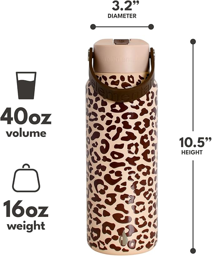 Elemental 40oz Insulated Water Bottle with Straw - 100% Leak-Proof Stainless Steel Core Water Bottles for Travel, Sports and Gym - Double Wall Insulation & BPA Free - Beige Leopard