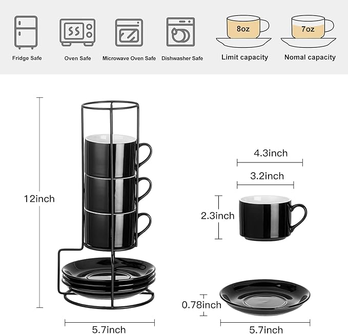 Meichu 8oz Porcelain Stackable Cappuccino Cups with Saucers and Metal Stand Set of 4, Cappuccino Cups Set of 4, Black Coffee Cups for Espresso, Specialty Coffee Drinks, Latte, Americano and Tea