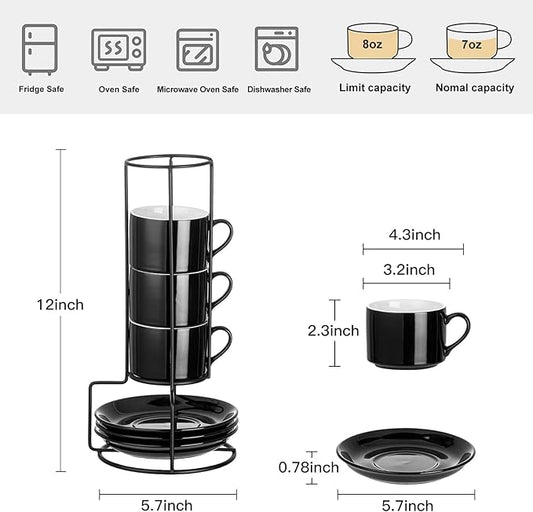 Meichu 8oz Porcelain Stackable Cappuccino Cups with Saucers and Metal Stand Set of 4, Cappuccino Cups Set of 4, Black Coffee Cups for Espresso, Specialty Coffee Drinks, Latte, Americano and Tea