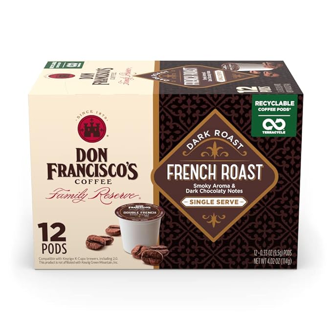 Don Francisco's French Roast Coffee Pods, 12 Count, Dark Roast, Compatible with Keurig Brewers