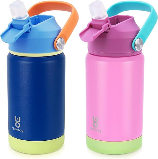 2-Pack Kids Water Bottle for School 12 oz,Stainless Steel Insulated Water Bottles,Pink Water Bottles for Toddler Girls Boys with Straw Lids & Handle