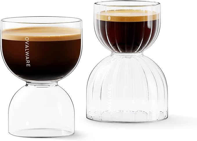 ovalware Espresso Shot Glass Set of 2 | 30ml/1oz and 60ml/2oz Dual-Dose Stackable Borosilicate Cups | Cool-Touch Thermal Base | Oval Measurement Dots for Consistent Espresso Shots
