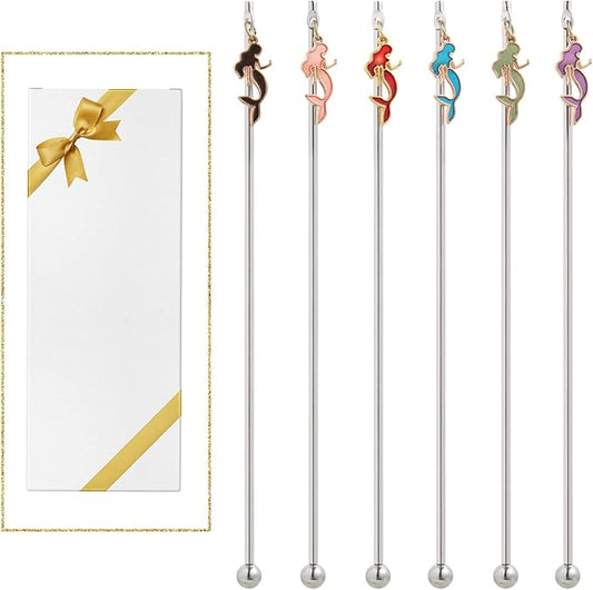 6 Pcs Cocktail Stirrers Swizzle Sticks Stainless Steel 7.5" Coffee Beverage Stir Sticks with Mermaid Charms Pendants for Mixing Cocktail