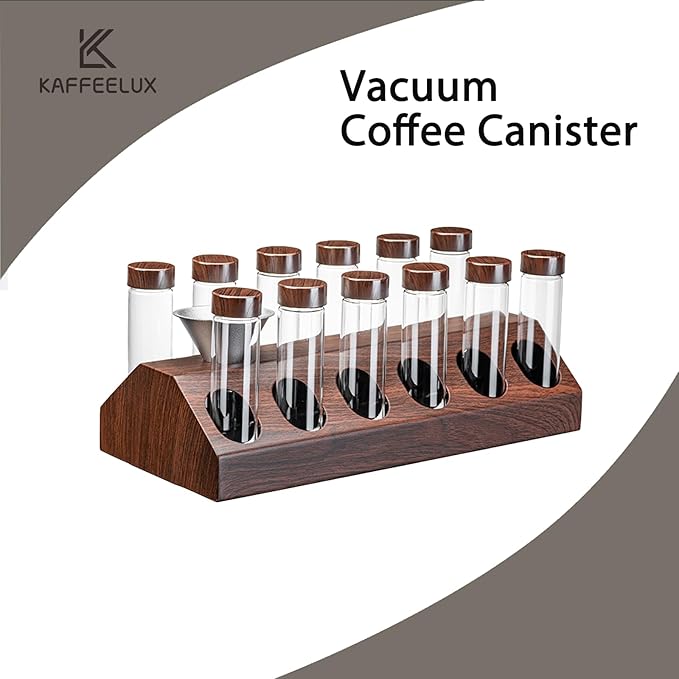 12-Piece Vacuum Coffee Canister Set with Wooden Holder & Funnel – Airtight Glass Jars for Coffee Beans, Tea, Snacks (Walnut Wood Stand)