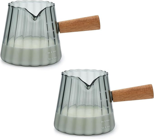 2Pcs Glass Measuring Cup, 6oz Creamer Pitcher with Wood Handle, Creative Milk Frothing Pitcher Creamer Shot Glass (2-Gray)