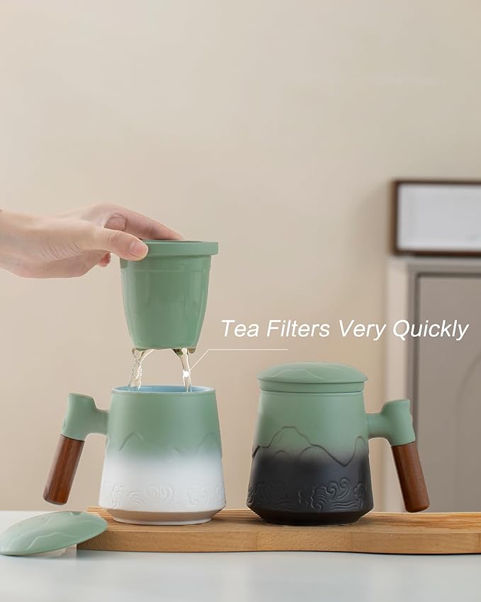 ZENS Tea Cup with Infuser and Lid for Loose Leaf Tea Steeper, 15.2 oz Ceramic Tea Mug with Fine Strainers and Absorb Coaster and Wood for Tea Lovers Gifts