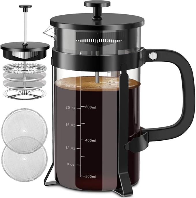 QUQIYSO French Press Coffee Maker 304 Stainless Steel French Press with 4 Filter, Heat Resistant Durable, Easy to Clean, Borosilicate Glass Coffee Press, 100% BPA Free Glass Teapot,34 ounce, Black