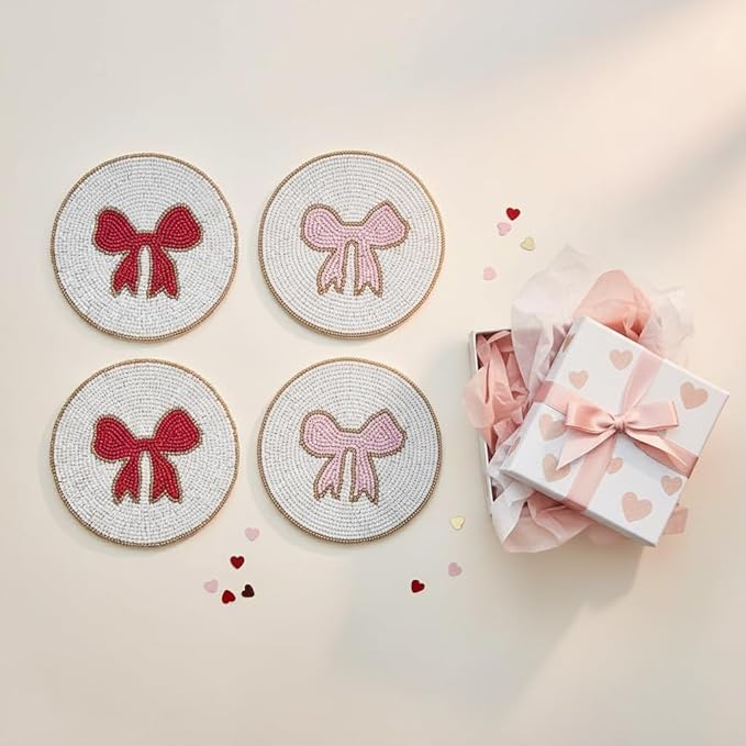 Folkulture Valentine Beaded Coasters Set of 4 (4″) | Handmade Boho Drink Coasters, Decorative Table Protection for Coffee & Cocktails | Romantic Gift for Her | Cute Valentine Table Décorations