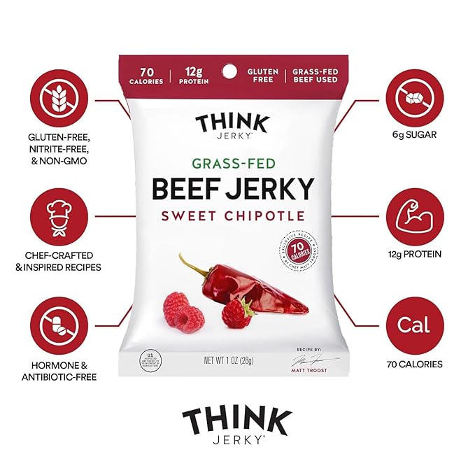 Think Jerky Sweet Chipotle Beef Jerky, Grass-Fed High Protein Beef, Gluten Free, No Antibiotics or Nitrates, Healthy Chef Crafted Recipe, Low Calorie and Low Fat - 1.0 oz Bags, 12 Pack