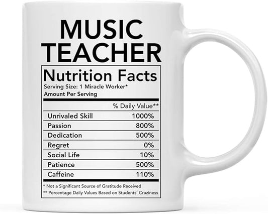 Andaz Press Funny 11oz. Ceramic Coffee Tea Mug Thank You Gift, Music Teacher Nutritional Facts, 1-Pack