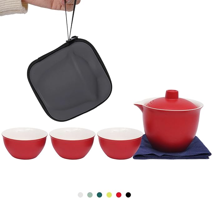 Porcelain Chinese Gongfu Tea Sets for Adults Ceramic japanese Tea Set Portable Kungfu Gaiwan Teapot and Cup Set Small Travel Teaset with Lid for Home Gifting Outdoor and Office (Red)