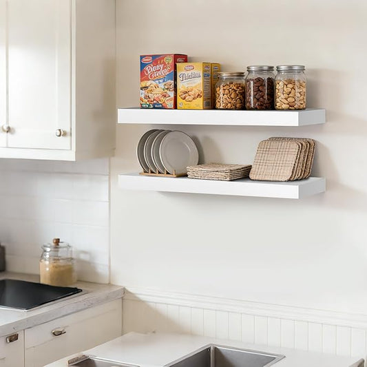 Floating Wall Shelves 24 x 6.8 x 1.7 Inch – Solid Wood Rustic Shelves in White Finish – Wall Mounted Display Shelf for Bathroom, Kitchen, Bedroom – Set of 2