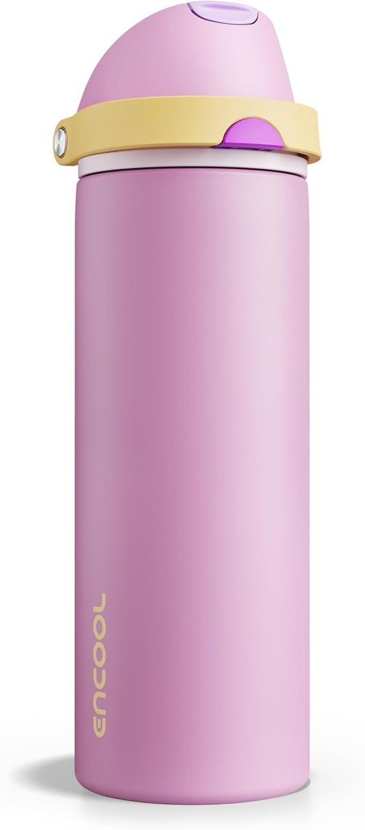 Insulated Water Bottle with Straw - Encool Stainless Steel Water Bottle with Push Button Lid, Leak-Proof & BPA-Free, Keeps Cold for 24 Hours for Sports, Travel, Gym (24 oz, Light Orchid-Fuchsia)