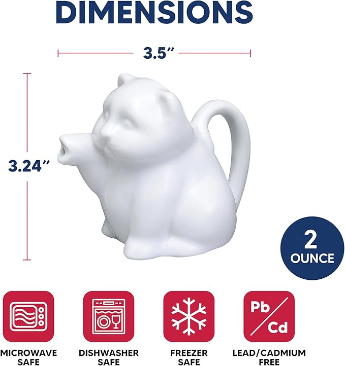 HIC Kitchen Mini Cat Creamer With Handle, Fine Porcelain, 2-Ounce, For Serving Milk, Cream, Syrup, Dressings, And Sauces