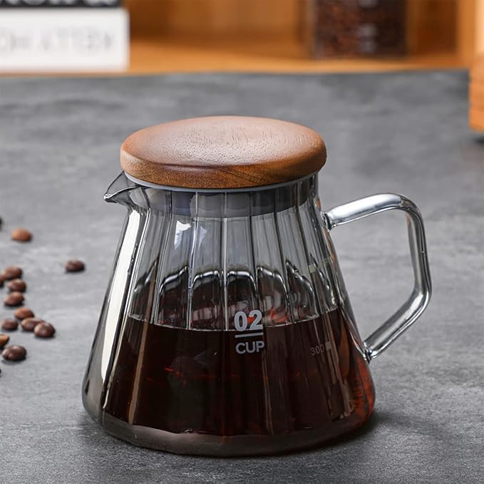 Elegant Wave Shaped Glass Creamer Coffee Milk Creamer Pitcher, Coffee Pot Serving Set with Handle and Wooden Lid-Clear Pot-20 OZ-W