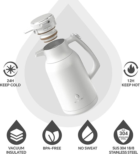 IDEUS Thermal Coffee Carafe 68oz (2,000ml), Stainless Steel Double Wall Insulated Vacuum Flask, Water Jug Coffee Server and Beverage Dispenser, Heat and Cold Retention (White-Silver, 68oz (2,000ml))