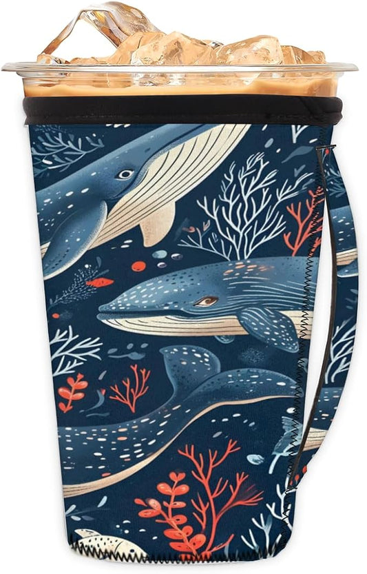 Ocean Sea Whale Reusable Insulator Coffee Sleeves for Drinks Beverages, Neoprene Holder with Handle for Most Coffee or Ice Drink, 24-28oz