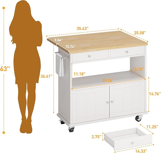 Rolling Kitchen Island with Folding Drop Leaf Breakfast Bar, 35.4'' W Kitchen Cart with Storage Cabinet and 2 Drawers, Portable Mobile Kitchen Island Table with Towel Rack, Lockable Wheels, White