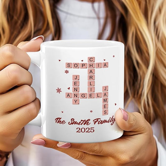 Joymade Personalized Ceramic Coffee Mug, Funny Custom Mug for Bestie, Friends, Couple, Coworker, Snowman Lovers (Family Name Scrabble Christmas)
