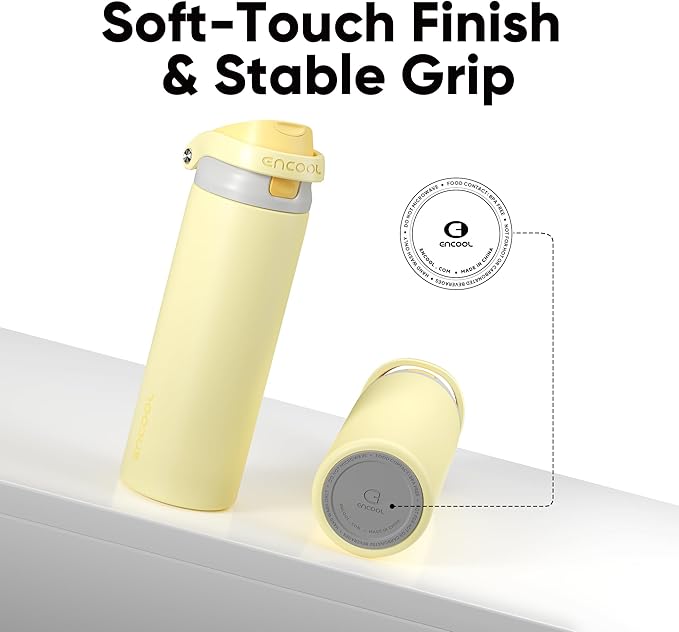 ENCOOL Leakproof Insulated Water Bottle with Straw Dual-Sip Water Bottle Bag-Safe Design for Work, Commute & Gym – Keeps Drinks Cold All Day, 24 oz, Butter Yellow