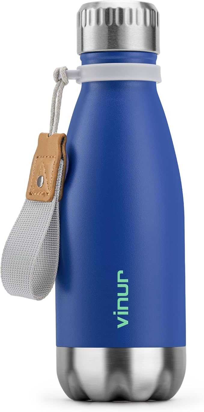 VINUR Kids Leak Proof Water Bottle-9 oz Stainless Steel Double Wall Vacuum Insulated Water Bottle for School-Cola Shape Flask with Carry Rope(Navy)
