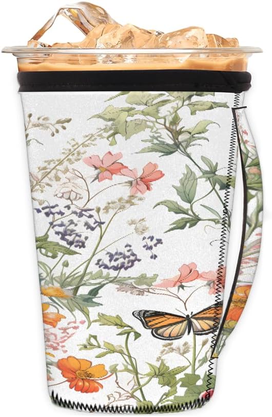 Reusable Iced Coffee Cup Sleeve Spring Flowers Butterfly Neoprene Insulated Sleeves Cup Holder with handle Idea for 16oz - 18oz