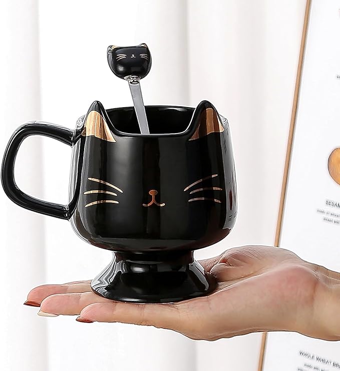Yuwu Ceramic Coffee Mug, Cute Cat Tea Mug with Spoon, Funny Gifts for Women Girls for cat lovers (Black)