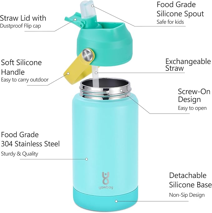 Kids Insulated Water Bottle with Straw Lid & Silicone Handle,12oz Kids Leak Proof Water Bottle for School Boys Girls,Double Wall Vacuum Stainless Steel with Non-slip Silicone Base(Lake Blue)