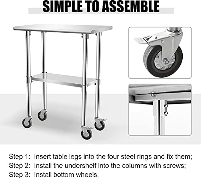Stainless Steel Table - Metal Table Cart - Commercial Workbench with Caster Wheel - NSF Certified - for Restaurant, Warehouse, Home, Kitchen, Garage,30''x18''