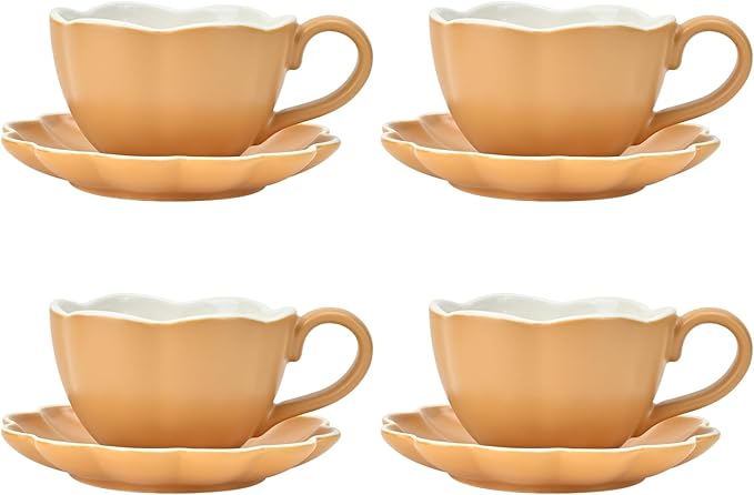 MyBudsBuzz Ceramic Espresso Cups with Saucers 6 oz,Coffe Cups for Cappuccino,Latte,Tea with Saucers Set of 4 - Flower - Caramel Brown