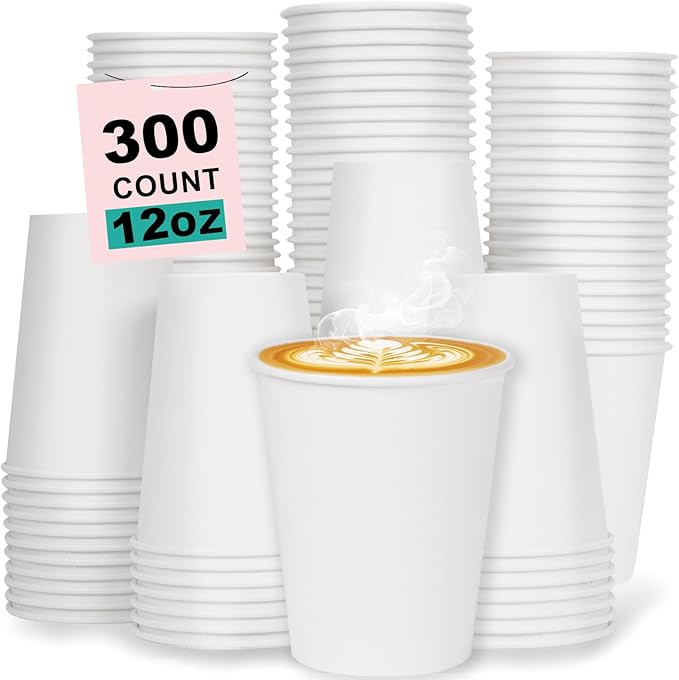 Coolcap 12 oz 300 Pack Disposable Coffee Cups, Bulk White Disposable Paper Cups, Coffee Cups for Hot Tea, Chocolate and Cold Drinks