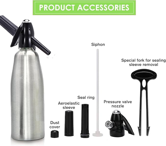 Soda Siphon 1L Premium Sparkling Water Maker - Aluminum Portable Seltzer Machine for Home, Bar, Cocktails, Coffee, Tea,Uses 8g C02 cartridges (Not Included)