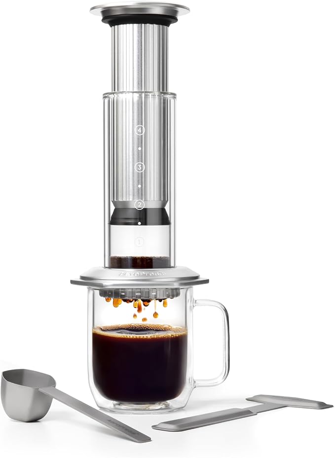 AeroPress Premium Coffee Press, Glass, Stainless Steel & Aluminum Coffee Maker, All-in-One French Press, Pour-Over & Espresso Style Manual Brewer, 2 Min Brew for Less Bitterness, More Flavor, Silver