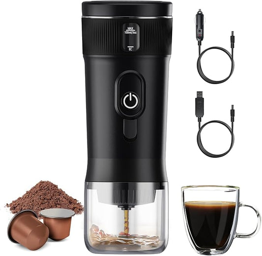 Portable Espresso Machine 100W Self-Heating & Car-Ready, Compatible with NS Capsules & Ground Coffee, Ideal for Travel, Camping, RV, Black
