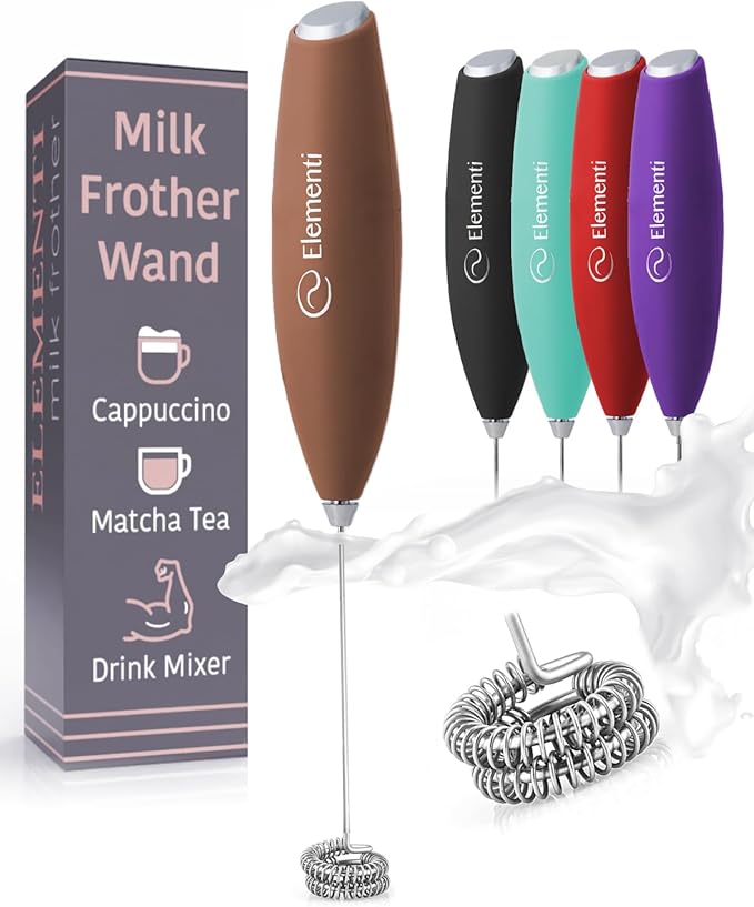 Elementi Milk Frother Wand - Easy to Use Handheld Electric Stirrer for Powder Drinks, Durable & Powerful Coffee Whisk & Protein Powder Mixer Wand, Hand Frother, Coffee Stirrers Electric Mini (Mocha)