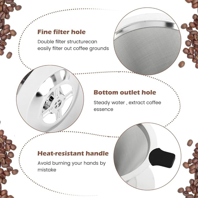 Pour Over Coffee Dripper, Stainless Steel Cone Coffee Filter with Base, Dual-Layer Fine Mesh Coffe Filter, Paperless Reusable Cone Coffee' Maker Dripper with Cleaning Brush(SIZE:S)