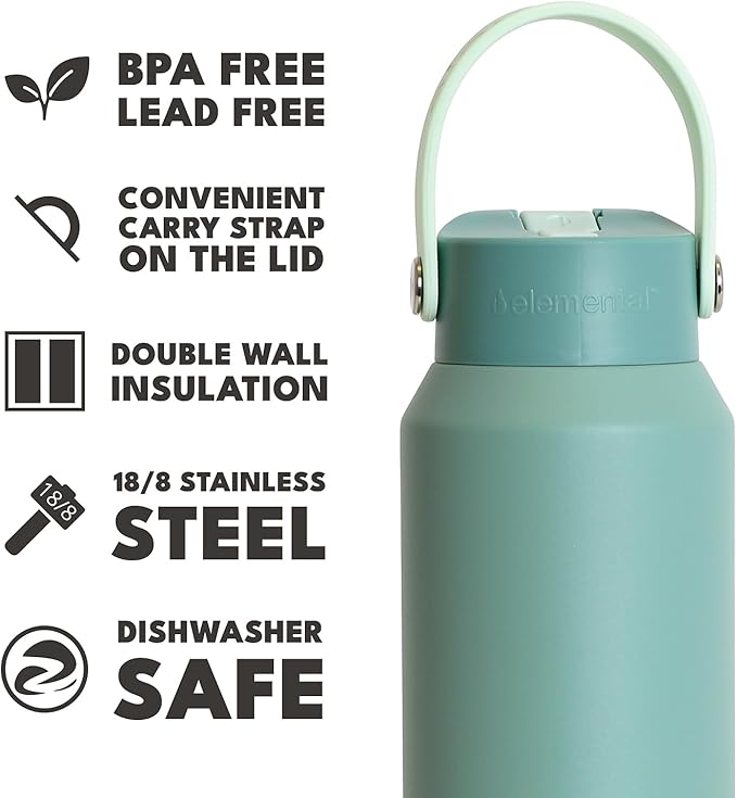 Elemental 40oz Insulated Water Bottle with Straw - 100% Leak-Proof Stainless Steel Core Water Bottles for Travel, Sports and Gym - Double Wall Insulation & BPA Free - Sage