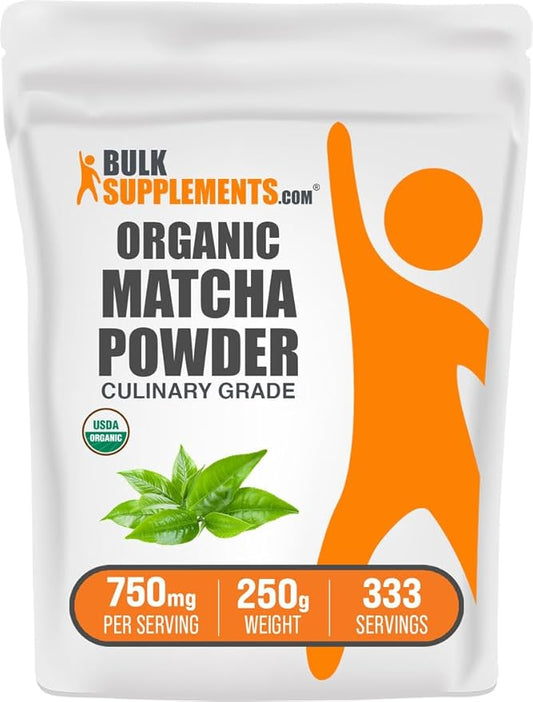BulkSupplements.com Organic Matcha Powder - Matcha Powder for Latte, Culinary Grade Matcha - Organic & Gluten Free, 750mg per Serving, 250g (8.8 oz) (Pack of 1)