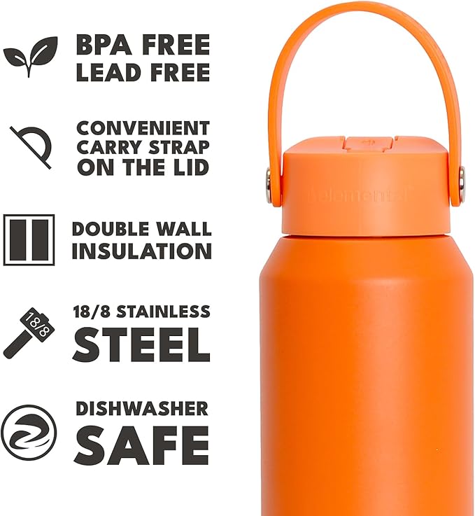 Elemental 40oz Insulated Water Bottle with Straw - 100% Leak-Proof Stainless Steel Core Water Bottles for Travel, Sports and Gym - Double Wall Insulation & BPA Free - Orange