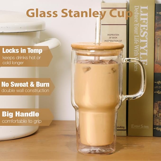 Double Wall Glass Tumbler with Handle and Straw Lid, 20oz Insulated Travel Mug Cup for Hot and Cold Drinks, Clear Glass Drinking Tumbler Cupholder Friendly