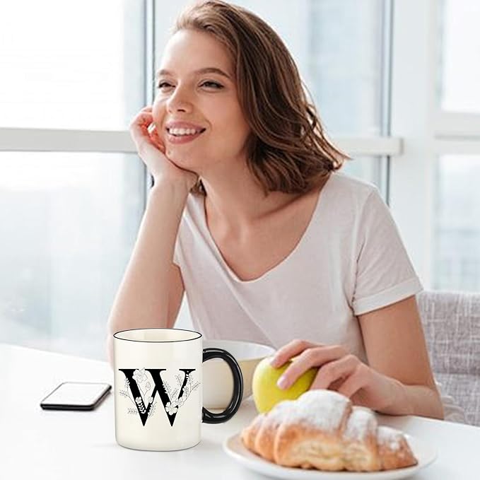 Monogram Ceramic Coffee Mugs, 11 oz Initial Drinking Cup with Gift Box, Unique Birthday Valentines Day Gifts for Women Wife Mothers Day Grandma Mom Aunt, W