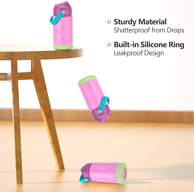 Kids Insulated Water Bottle with Straw Lid & Silicone Handle,12oz Kids Leak Proof Water Bottle for School Boys Girls,Double Wall Vacuum Stainless Steel with Non-slip Silicone Base(Pink)