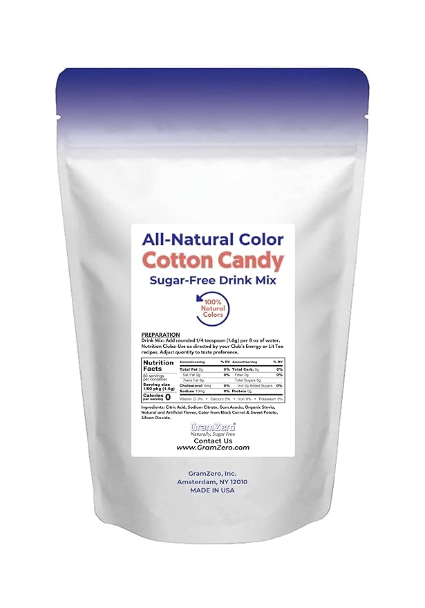 GramZero Cotton Candy Zero Calorie Sugar Free Drink Mix, Great For Nutrition Club Loaded Tea, Stevia Sweetened