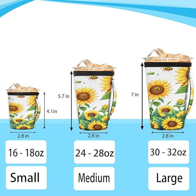 Sunflower With Bee Reusable Insulator Coffee Sleeves for Drinks Beverages, Neoprene Holder with Handle for Most Coffee or Ice Drink, 24-28oz