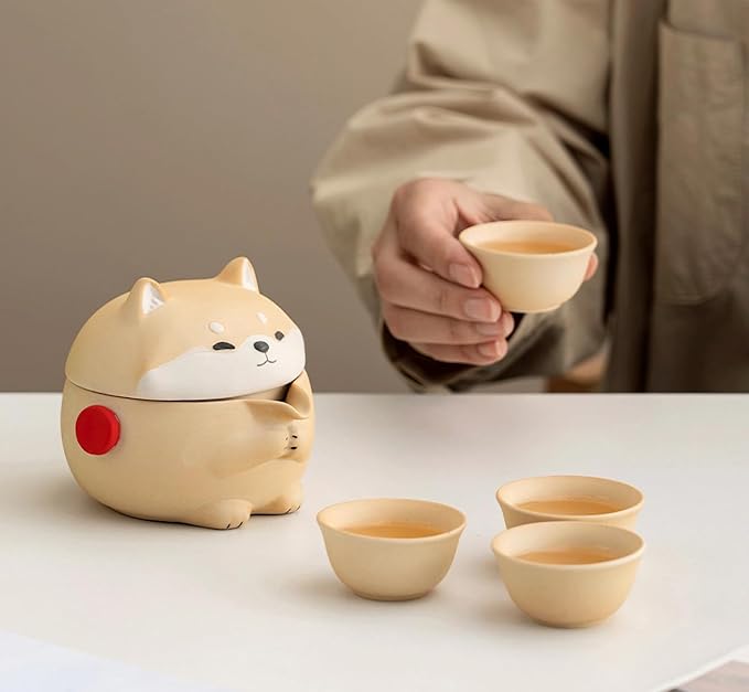 Mini Gaiwan Tea Set, Cute Dog Shiba Inu Teapot with Portable Bag for Travel, Chinese Ceramic Gongfu Teapot with 4 Ceramic Teacups. Gift for Tea Lovers.