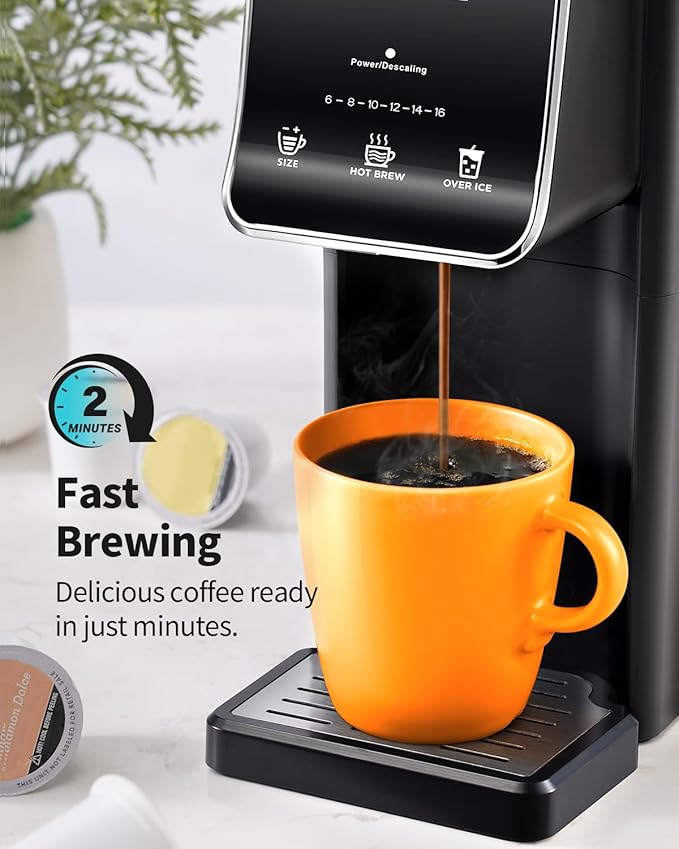 KIDISLE Single Serve Coffee Maker – Hot & Iced, K Cup & Ground Compatible, Reusable Pod Filter, 6–16oz Brew Sizes, 40oz Water Tank, Easy-to-Use, Black