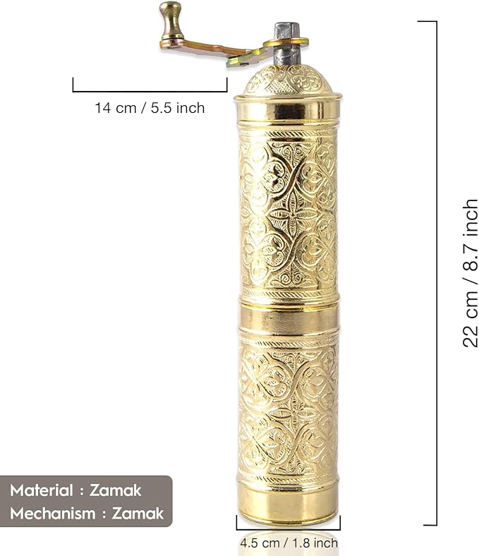 Handmade Turkish Pepper & Coffee Grinder, Refillable Turkish Spice Mill with Adjustable Coarseness, Manual Coffee Mill with Handle, Coffee Grinder Metal with Hand Crank 22 cm-8.66 inch (Yellow)