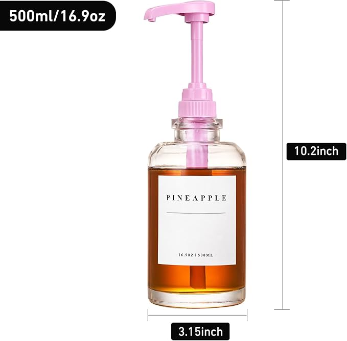 Coffee Syrup Dispenser for Coffee Bar, Coffee Syrup Pump Dispenser, Glass Syrup Bottle with Pink Upgraded Pump, 4 Pack 16.9 oz 500 ml Syrup Dispensers, 28 Labels and Bamboo Tray